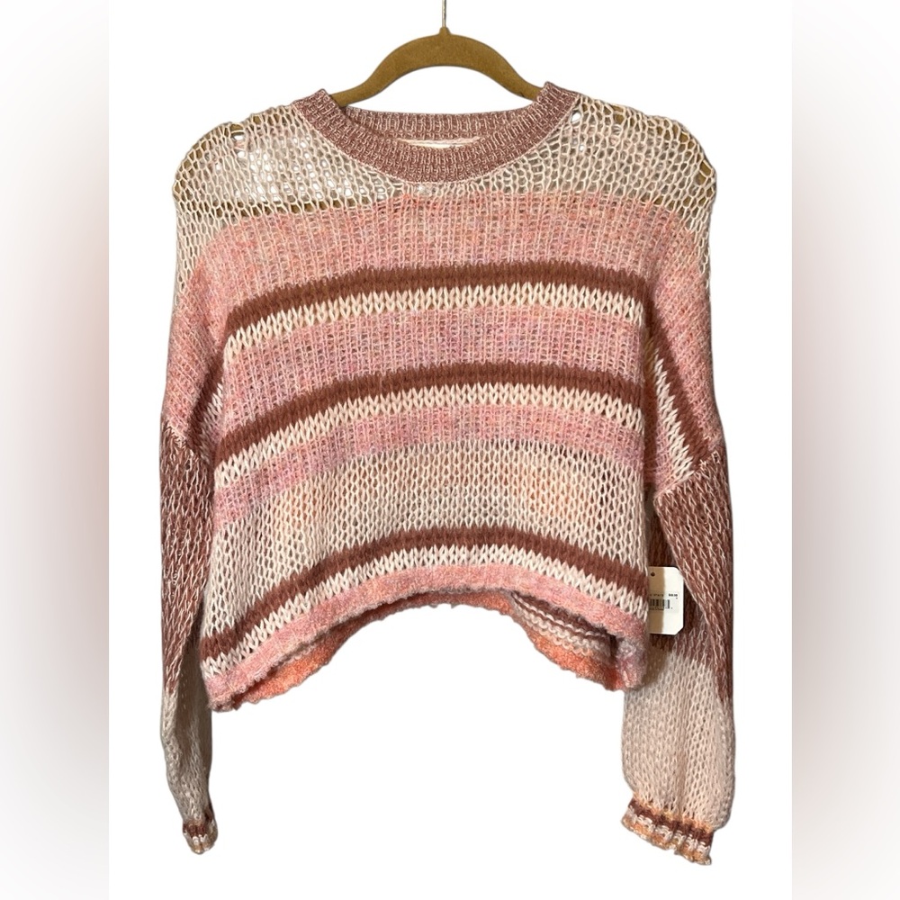 Altar'd State Striped Open Knit Crop Sweater Color Block Size S Pink Yellow NEW